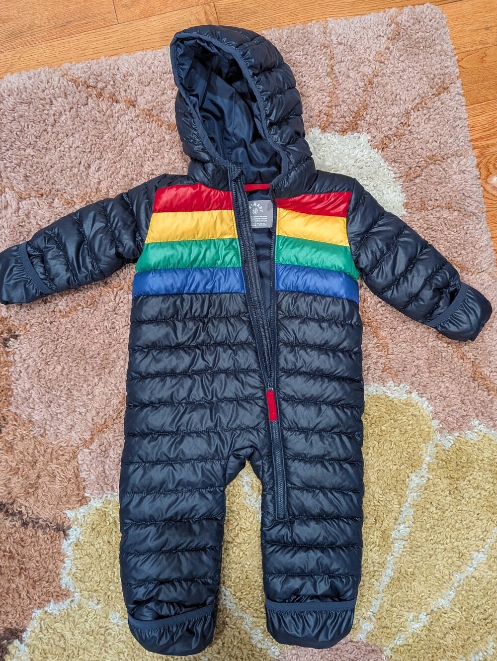 Primary Baby Navy Rainbow Stripe Puffer Bunting Snow Suit 6-12M